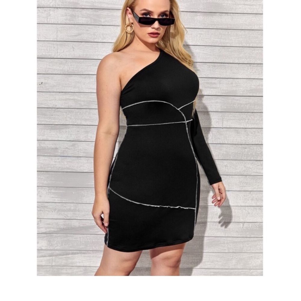 ONE SHOULDER STITCH TRIM DRESS - Picture 4 of 8